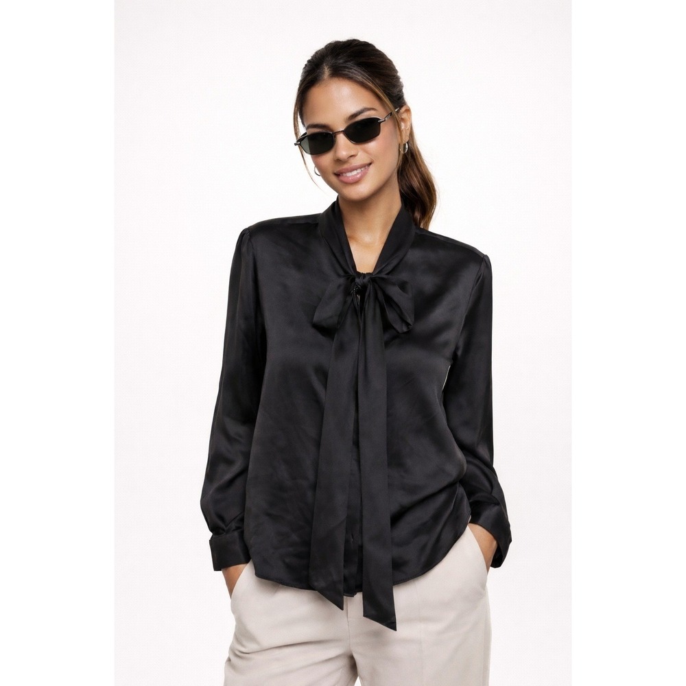 NWT LilySilk XL Black 100% Mulberry Silk Bow Tie Neck‎ Long Sleeve Blouse New